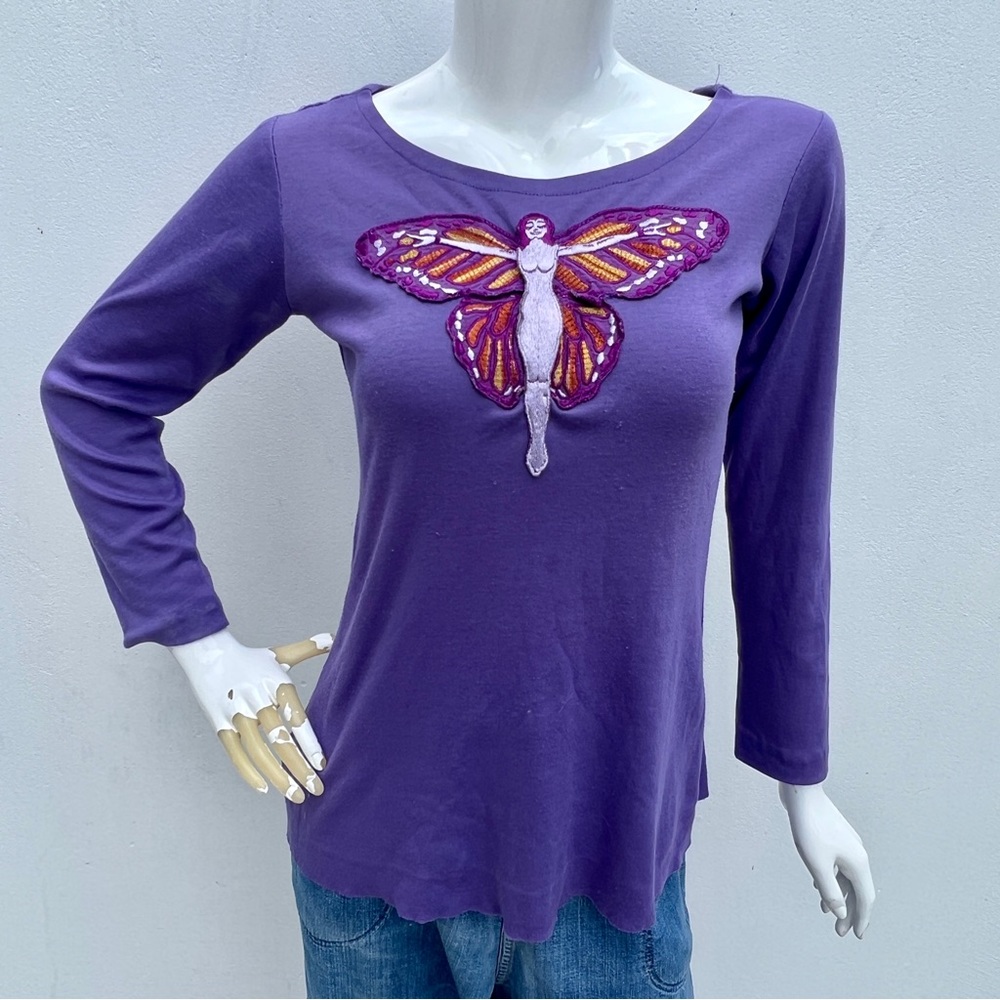 VTG Butterfly Goddess Embroidered Patch Purple Top